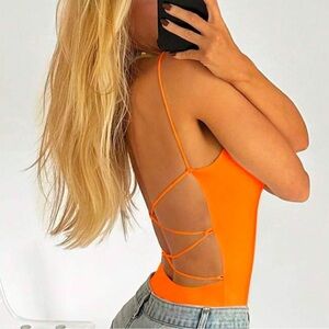 SHEIN Orange Backless Cut Out Bodysuit